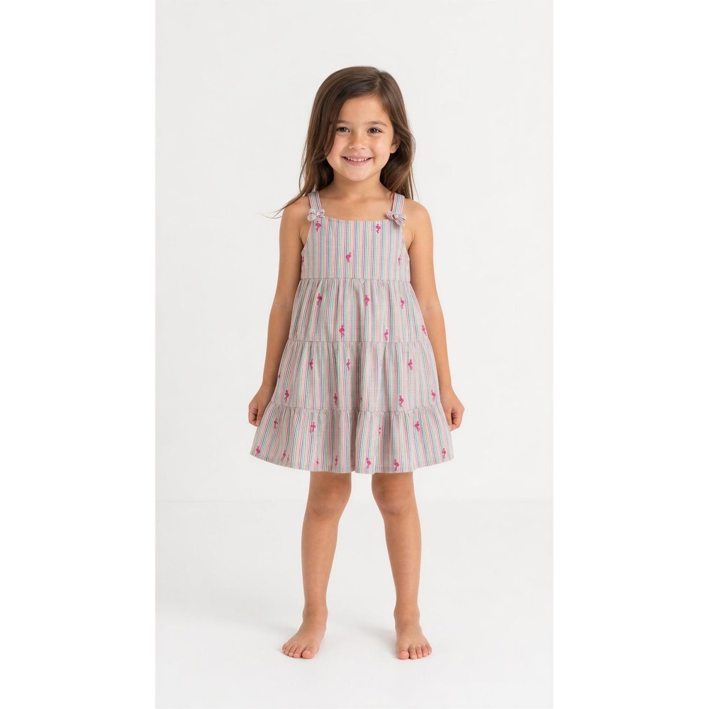 Gymboree Girls 5T Flamingo Seersucker Tiered Stripe Dress Multi-Color Sleeveless